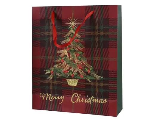 Kaemingk Geschenktüte Weihnachten 26x10x32cm mit Henkel 1 Stück - Wiederverwendbare Geschenktaschen für Geschenke mit Weihnachtsmotiv - Weihnachtstaschen Weihnachtstüten - Rot/Grün