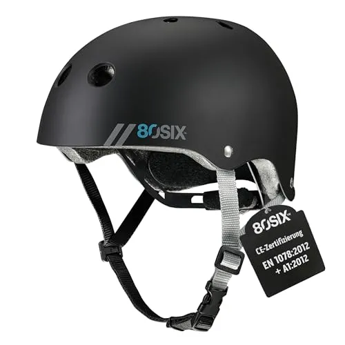Produktbild 80SIX Skaterhelm Fahrradhelm für Kinder, Jugendliche, Erwachsene–Zertifiziert (CE EN1078)–Schutzhelm mit verstellbarem Drehverschluss für Scooter, Skateboard, BMX und Inline Skates–M/L–Schwarz Matt
