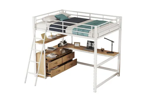 SOFTWEARY Hochbett mit Schreibtisch und Schubladen (140x200 cm) Metallbett mit Rausfallschutz, Jugendbett
