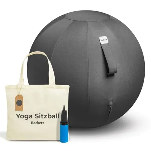 Backerz Sitzball Büro Ergonomisch 75 cm, Ergonomische Sitzmöbel für Büro und Heimbüro, Langlebiger Stoff, Gymnastikball - Fitness-Ball, Ballstuhl mit Ballauflage - Waschbarer Leinenbezug - Schwarz