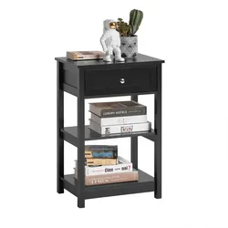 SoBuy Beistelltisch FBT46, schwarzer Nachttisch mit Schublade - Ablagetisch mit 1 Schublade und 2 Ablagen, pflegeleichte Oberfläche und einfache Selbstmontage für flexibles Wohnen.