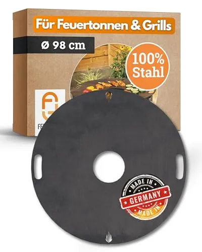 Feuerfest 123 Grillplatte rund I Ø 98cm I Feuerplatte aus Feinkorn-Stahl I Massive Plancha-Platte mit 4mm Stärke I Grillaufsatz für Feuerschale, Feuertonne, BBQ-Grilltonne & Kugelgrill