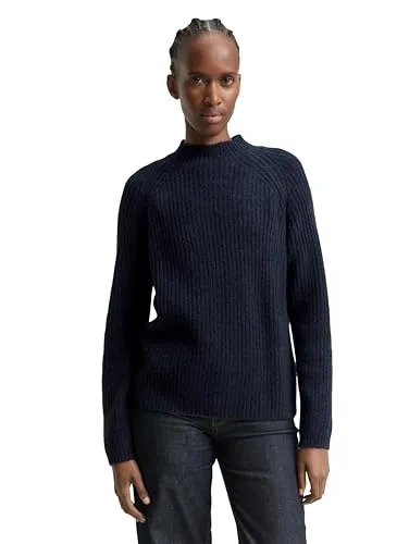 TOM TAILOR Denim Damen Pullover - Stylischer Relaxed Fit Pullover mit Stehkragen, gefertigt aus weichem Rippstrick und recycelten Polyesterfasern für Komfort und Nachhaltigkeit.