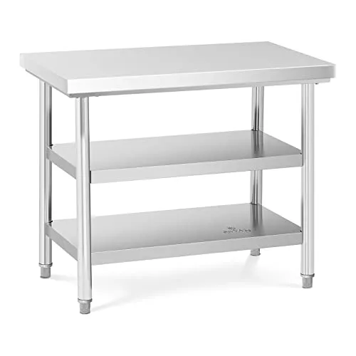 Royal Catering Edelstahltisch 100 x 60 cm - Arbeitstisch für Lebensmittelzubereitung, belastbar bis 500 kg, mit großer Arbeitsfläche und zwei praktischen Ablagen für effizientes Arbeiten.