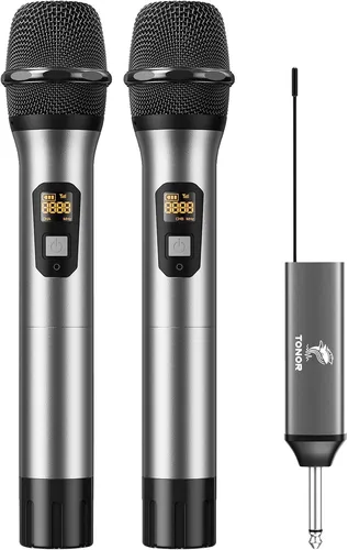 TONOR TW630 UHF Dual Mikrofon Set Silber 60m Reichweite Karaoke DJ Party Rede