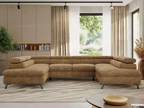 Ecksofa PABLO U mit Schlaffunktion und Bettkasten – Hellbraun - Modernes Ecksofa in U-Form mit verstellbaren Kopfstützen. Bietet viel Platz und verwandelt sich schnell in einen Schlafplatz. Ideal für entspannte Abende und als stilvoller Blickfang in jedem Wohnzimmer.