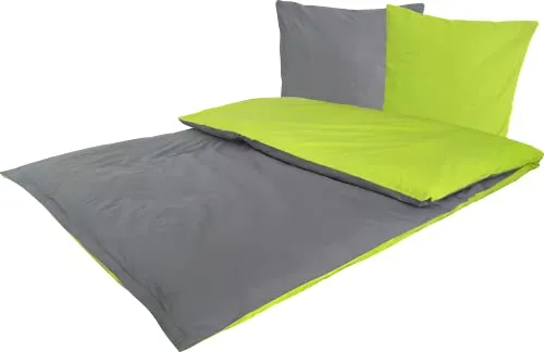Bettwäsche Baumwolle Renforcé uni Wende 135x200 + 80x80 cm 100% Reißverschluss 2 teilig Anthrazit / Grün