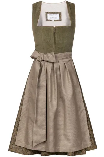 Edelnice Trachtenmode Midi Dirndl Emilia Grün Cord mit traditioneller Schürze - Elegantes Midi Dirndl in hellem Grün aus Cord, ausgestattet mit einer beigen Schürze und floralem Jacquardrock. Ideal für festliche Anlässe, bringt es Tradition und Stil zusammen.
