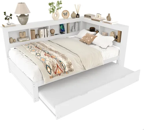 Holzbett mit Gästebett, Lattenrost und Regal, 140x200 cm, Doppelbett mit USB Anschlüssen und Steckdosen