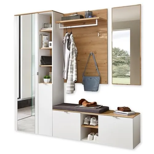 Stella Trading BARI Flurgarderoben Set in Weiß, Artisan Eiche Optik - Drohnen - Modernes 4-teiliges Garderobenset mit viel Stauraum, ideal für Ihren Eingangsbereich, FSC-zertifiziert und leicht montierbar.