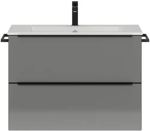 Badmöbel-Set NOBILIA Programm 1 - Waschtischarmaturen Set mit 80 cm Mineralmarmorwaschtisch und eleganter Griffleiste in Schwarz, perfekt für ein modernes Badezimmer.