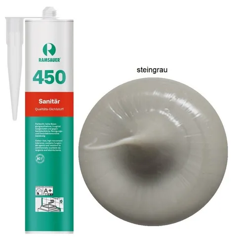 Ramsauer Dichtstoff Ramsauer 450 Sanitär Silicon Dichtstoff 310ml Kartusche steingrau, gebrauchsfertig, chemisch widerstandsfähig, schnellhärtend, UV-beständig, pilzhemmend