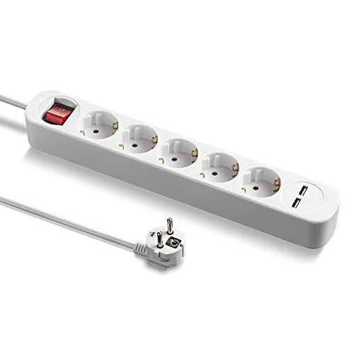 TROTEC Steckdosenleiste PVH5 mit 2 USB-Ladebuchsen | Langes 1,5 m Kabel PVH5: 5-Fach Schutzkontakt-Steckdosenleiste mit 2 USB-Ladeports (Typ A) Mehrfachsteckdose