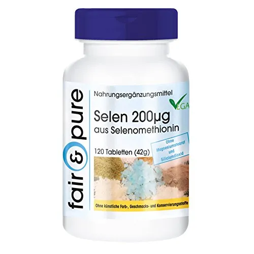 Fair & Pure Selen 200mcg aus Selenomethionin, 120 Tabletten, hochdosiert, Nahrungsergänzungsmittel vegan ohne Magnesiumstearat, in Deutschland hergestellt