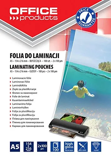 OFFICE PRODUCTS 20325225-90 Laminierfolie A5, 2 x 100 micron, glänzend, 100 Stück, transparent