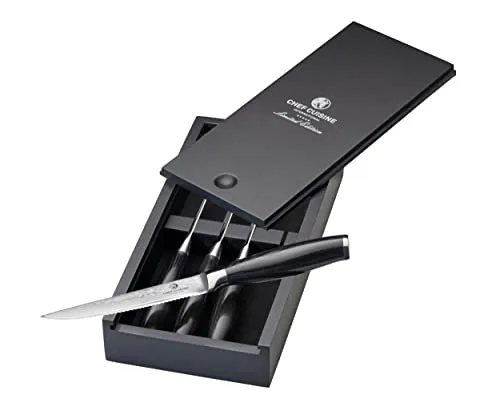 CHEF CUISINE Damast Steakmesser Set – 4 handgeschliffene Messern aus Damaszenerstahl - Premium Steakmesser Set für Grillfans: 4 handgeschliffene Messer aus 67-lagigem Damaszenerstahl mit scharfer 12 cm Klinge und ergonomischem Pakkaholzgriff, ideal zum präzisen Schneiden von Fleisch.