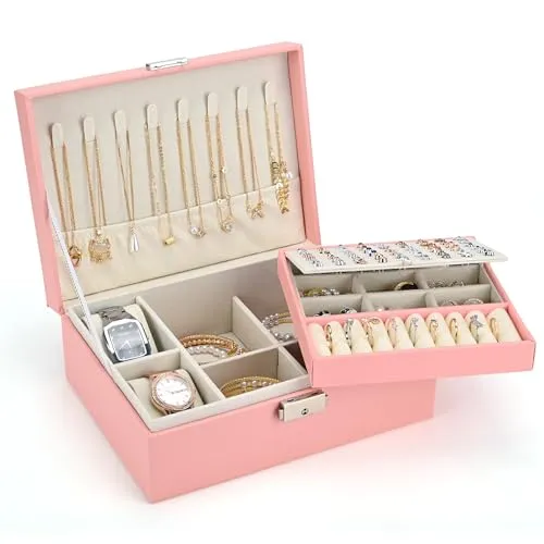 Sofore Schmuckkästchen Mädchen, 2 Etagen Reise Schmuckkästchen schmuckkästchen groß mit 2 Uhrenkissen, PU-Leder Aufbewahrungskoffer für Ohrringe Ringe Halsketten Uhren Armbänder,Sakura-Rosa