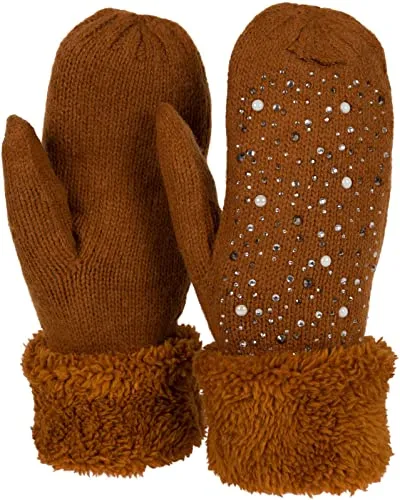 styleBREAKER Damen warme Winter Strick Fäustlinge mit Strass und Perlen, Handschuhe, Thermo Fleece, Strickhandschuhe 09010039, Farbe:Cognac