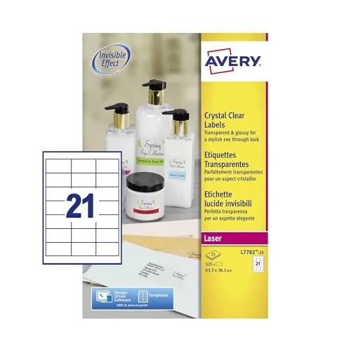 Avery Kristallklare Etiketten für Laserdrucker langlebig 21 pro Blatt 63,5 x 38,1 mm 525 Stück transparent