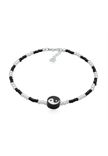Elli Fußkette Yin Yang mit Glasperlen und 925 Silber - Stylisches Fußkettchen aus Glas- und synthetischen Perlen mit trendy Yin-Yang Anhänger, größenverstellbar von 22 cm bis 25 cm – ideal für modebewusste Schmuckliebhaberinnen.