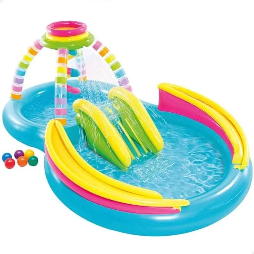 Intex Rainbow Funnel Play Center - Aufblasbarer Pool 295 cm x 191 cm x 109 cm, mit Wasserrutsche, Planschbecken und Sprühgerät für maximalen Wasserspaß