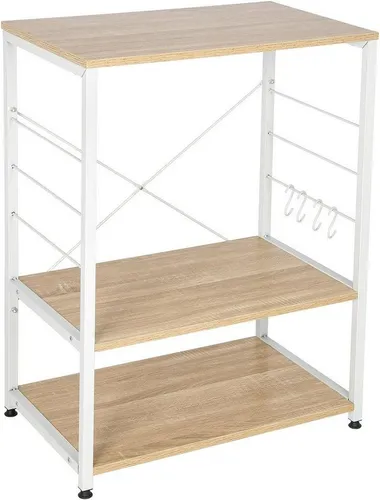 Woltu Standregal aus Holz & Metall – 3 Ablagen für die Küche - Modernes Standregal mit 3 festen Ablagen und Haken, ideal für die Küche. Belastbarkeit bis 20 kg pro Regalboden, inklusive leicht verständlicher Montageanleitung.