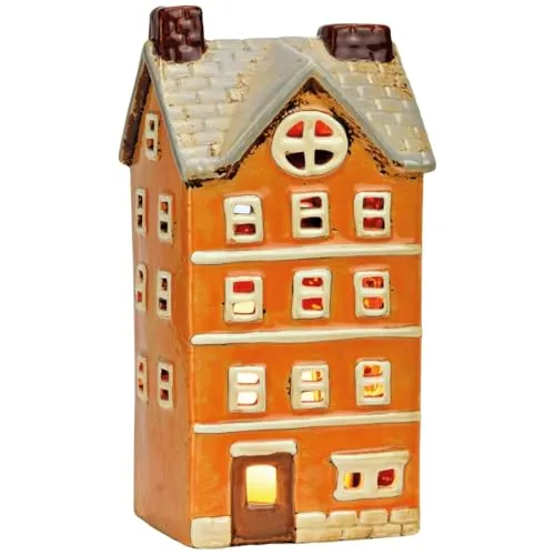Windlicht Nostalgie Dekohaus aus Steingut als Weihnachtsdeko - Orange Lichthaus 11 x 22 cm Kerzenhalter für Weihnachten & Herbst - Lichterhaus Teelichthalter als Tischdeko, Fensterbank & Winterdeko