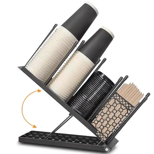 goldmiky Kaffee Organizer,Einweg-Kaffeetassen-Organizer,Tassen- und Deckelhalter – Verstellbarer Kaffeebecherhalter,4 Fächer,Coffee Bar Einwegbecher-Spender für Kaffeestation,Bar, Arbeitsplatte