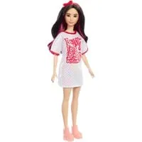 Barbie Fashionistas Puppe Nr. 214 - Modepuppe mit schwarzem, gewelltem Haar, feiert 65 Jahre Stil, inklusive schimmerndem Twist n Turn-Kleid und Zubehör
