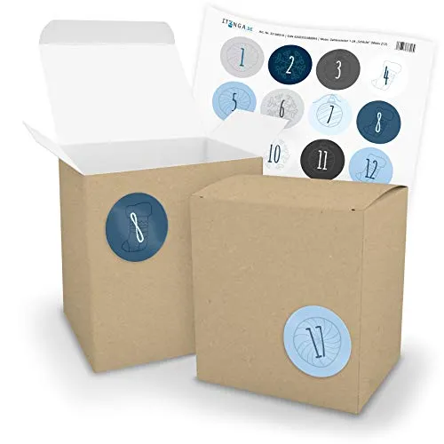 itenga Adventskalender zum Befüllen 24x extra große XL Würfel Schachteln mit Zahlenaufklebern (Würfel BRAUN (V19 Z12))