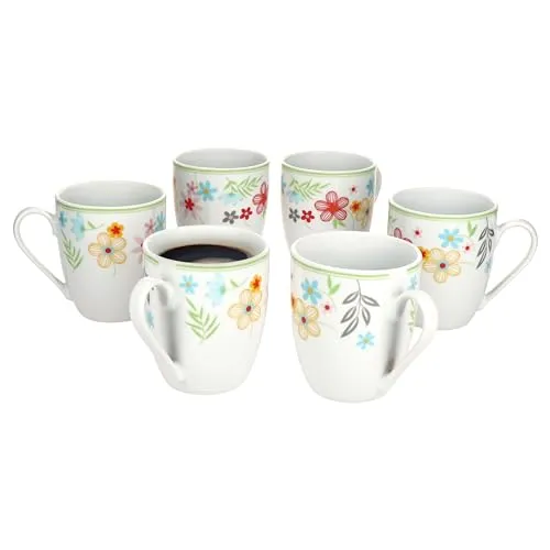 MamboCat 6er Set Blümchen Kaffeebecher 350ml - Thermobehälter für 6 Personen, aus robustem Porzellan mit buntem floralen Dekor. Ideal für Heißgetränke wie Kaffee, Tee und mehr – spülmaschinen- und mikrowellengeeignet!