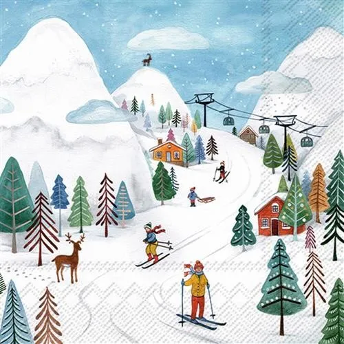 Servietten Winter Joy Skifahren Winter Berge Seilbahn Tannen Sportler 33x33cm 20