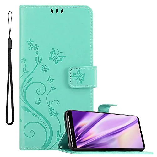 Cadorabo Hülle kompatibel mit Sony Xperia 5 Blumen Design aus Premium Kunst Leder Flip Klappbare Stoßfeste Magnetische [Standfunktion] [Kartenfächern] Cover Hülle für Sony Xperia 5 Tasche in Türkis