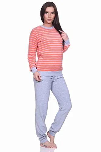 RELAX by Normann Damen Frottee Pyjama Langarm mit Bündchen - Farbe: Rot, Größe: 36/38 - Kuscheliger Frottee-Pyjama für kalte Nächte. Mit praktischen Bündchen für optimalen Schlafkomfort und eleganter Streifenoptik. Hergestellt aus 70 % Baumwolle, 30 % Polyester, mit geprüfter Qualität.