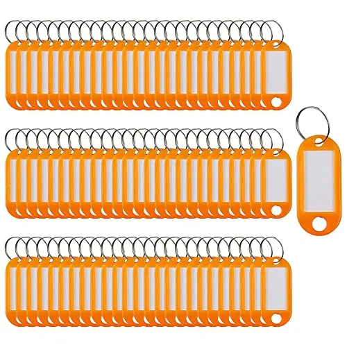 Stück Schlüsselanhänger Tags Key Labels Kunststoff Schlüsselanhänger ID Tags Namensschilder Gepäckausweis mit Etiketten Spaltring Schlüsselanhänger, orange 100