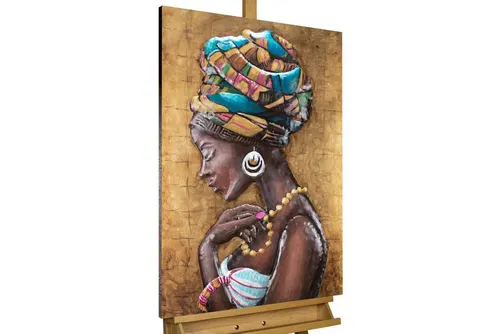 KUNSTLOFT Metallbild Exotische Anmut 60x90 cm - Bilder mit handgefertigtem 3D Wandrelief, das die Schönheit und Kultur Afrikas in bunten und goldfarbenen Elementen verkörpert. Perfekt für sinnliche Eleganz in Ihrem Wohnzimmer.