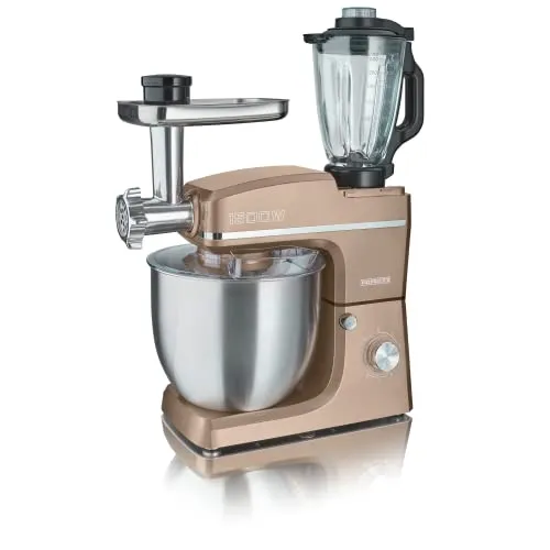 HEINRICHS 3 in 1 Universal Küchenmaschine, Küchengerät 1500W, 6 Geschwindigkeitsstufen, Multifunktionale Knetmaschine mit Fleischwolf, 1.5L Mixerbehälter, XXXL 10L Edelstahlschüssel (Gold)