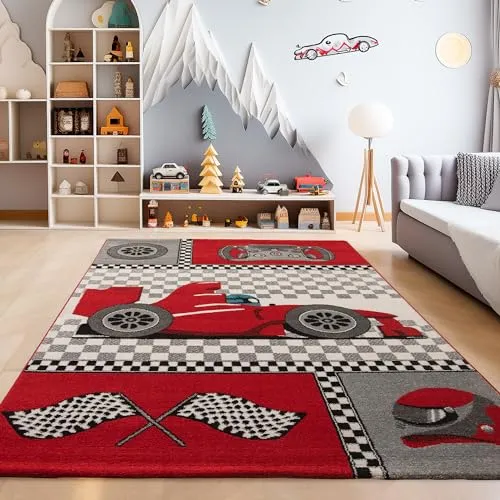 SIMPEX Teppich Kinderzimmer Rennwagen Design Rot Kurzflor Kinderteppich mädchen Spielteppich Modern Design Babyzimmer Teppiche für Junge und Mädchen Extra Weich 80 x 150 cm