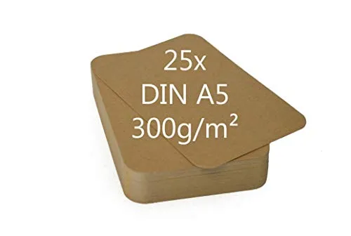 25er Pack DIN A5 Blanko Kraftpapier Karteikarten Set braun zum Selbstgestalten 300g/m² Bastelkarton runde Ecken