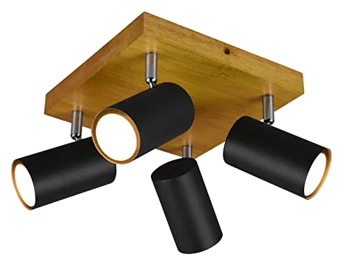 Trio Leuchten Deckenleuchte Marley 812400432 - Moderne 4-flammige Deckenleuchte aus schwarzem Metall und Holz, dreh- und schwenkbare Spots für individuelle Beleuchtung, perfekt für stilvolle Räume.