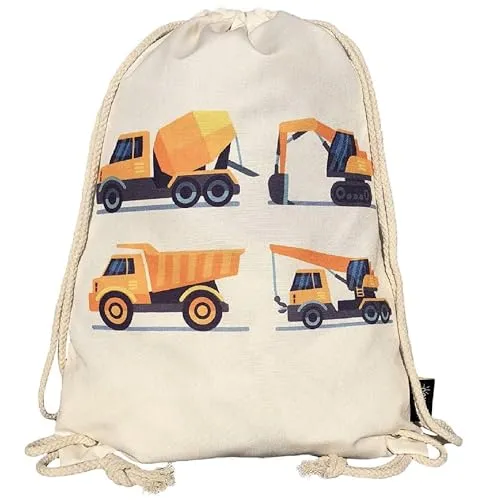 HECKBO Turnbeutel Kinder Mädchen Junge - Baufahrzeuge Bagger beige - Kindergarten, Kita, Krippe - Rucksack, Beutel, Sporttasche, Sportbeutel, Kindergartenrucksack, Kinderrucksack Stoffbeutel
