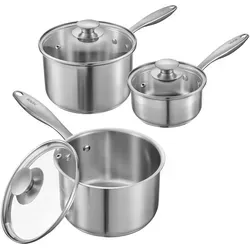 VEVOR Kochtopf Soßentopf Set (0,95+1,89+2,84 L) mit Glasdeckel, Suppentopf Gemüsetopf mit ergonomischem Griff, Milchtopf aus Edelstahl Gemüsetopf, Silber Mehrzwecktopf spülmaschinengeeignet