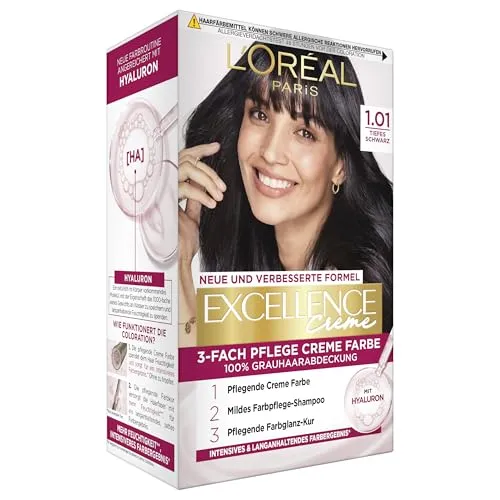 L'Oréal Paris Permanente Haarfarbe, 100% Grauhaarabdeckung, Haarfärbeset mit Coloration, Shampoo und 3-Fach Pflege Creme Farbe, Excellence Creme, Nr. 1.01 Tiefes Schwarz, 1 x 268 g