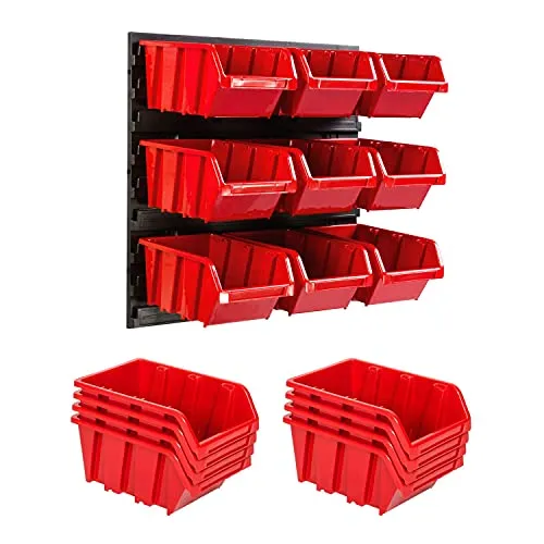 Lagersystem Wandregal 386 x 390 mm | 9 stck. Box | Stapelboxen Schüttenregal Sichtlagerkästen | Extra Starke Wandplatten | Regal Erweiterbar | Werkstattregal Lagerregal Werkstattwandregal Steckregal