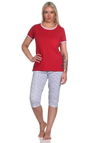NORMANN-Wäschefabrik Capri Pyjama Kurzarm, Damen Schlafanzug mit 3/4-Hose in maritimer Optik - 151, Farbe:rot, Größe:40-42