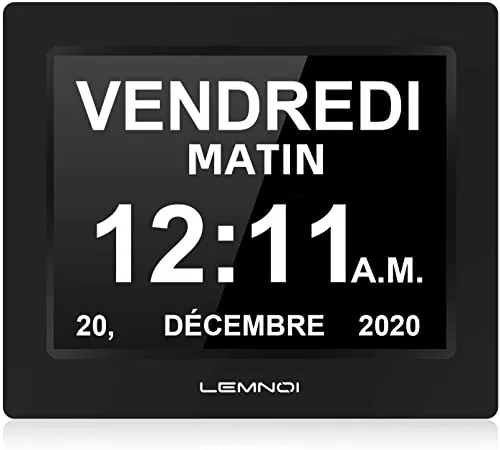 Lemnoi LCD-Digitaluhrkalender Datum Tag und Uhrzeit Nicht abgekürzte Uhr Automatisches Dimmen 8 Sprachen HD-Display-Erinnerung für Alzheimer-ältere Menschen und Kinder