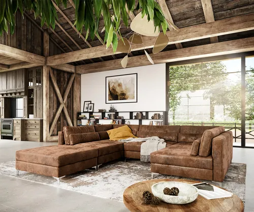 DELIFE Sofa Elio Vintage Braun Antik mit Hocker von Delife