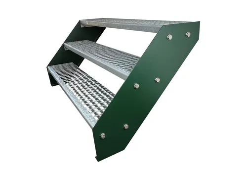 Kaminbau Mierzwa Außentreppe Premium Treppe Grün – Höhenverstellbar bis 57 cm - Wetterfeste Stahltreppe mit rutschfesten Gitterroststufen für sicheren Zugang. Ideal für Garten, Balkon oder Terrasse – einfach zu montieren und in verschiedenen Breiten erhältlich.