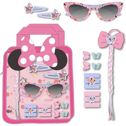 Beauty-Set mit Brille Minnie Maus | Haar-Accessoires mit Zopf, Pinzette, Brille und Strumpfbänder | Disney Kinder-Set mit klassischem rosa Design
