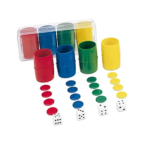 Cayro – Parcheesi-Zubehör – ab 5 Jahren – Kunststoffbox – Brettspiele für Kinder und Erwachsene – 4 Becher, 24 Chips und 6 Würfel – 2 bis 4 Spieler